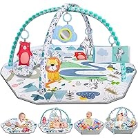 Imagina un espacio diseñado especialmente para estimular y entretener a tu bebé desde sus primeros meses de vida. El 6-en-1 Gimnasio De Juegos Para Bebe es un centro de actividades multifuncional que combina una alfombra de gateo suave y acolchada con un arco de juego equipado con juguetes sensoriales. La alfombra es amplia y está decorada con colores y patrones llamativos que capturan la atención del bebé, fomentando el desarrollo visual y el reconocimiento de formas.

El gimnasio cuenta con un arco de juego robusto al que se sujetan cinco juguetes extraíbles, cada uno con una función específica para estimular diferentes sentidos. Hay un sonajero que emite suaves sonidos al agitarlo, ideal